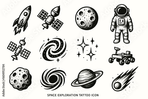Space exploration icons: rocket, satellite, astronaut, moon, planet, comet