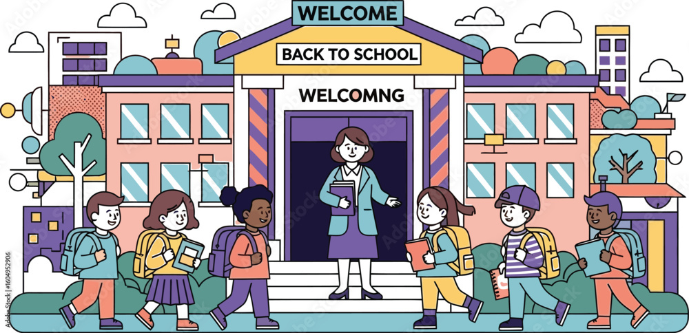 Obraz premium Vector art of a cartoon illustration of students and a teacher in front of a school building, welcoming everyone back to school