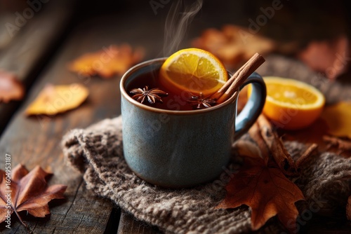 Fototapeta Naklejka Na Ścianę i Meble -  Autumnal spiced tea in a mug, surrounded by fall leaves and fruit