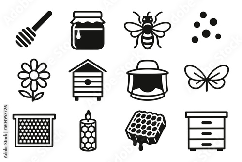Beehive icons: honey, bee, flower, hive, apiary, beekeeper tools