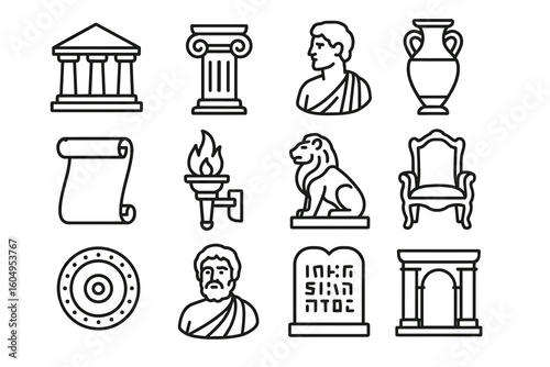 Ancient greek and roman icon set: architecture, artifacts, and figures