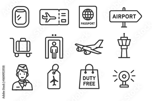 Airport icons: passport, airplane, duty-free, security, travel signs