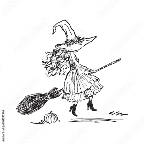 Witch in hat and dress is flying in the sky in black brush stroke texture isolated on white. Hand drawn vector sketch illustration in vintage charcoal ink. Greeting card, happy Halloween, print