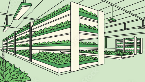 Indoor farm with rows of leafy green crops on multiple shelves under artificial lighting system