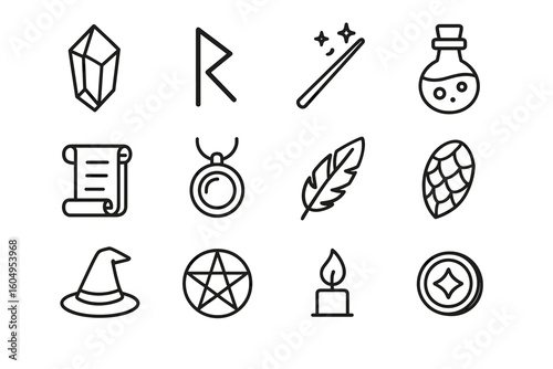 Set of magic and fantasy icons: crystal, rune, wand, potion, scroll, pendant, quill, amulet, hat, pentagram, candle, coin
