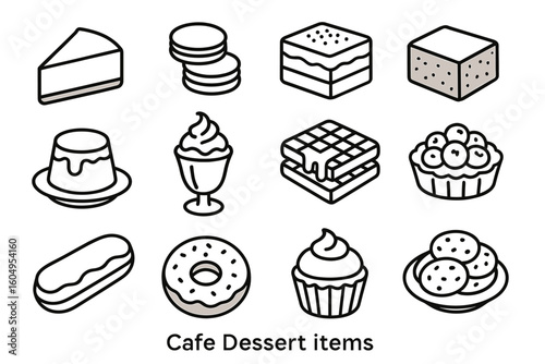 Cafe dessert icons: cheesecake, cookies, cupcake, donut, waffles, pudding selection