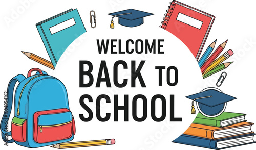 Vector art of welcome back to school with books, pencils, and a backpack isolated on white background