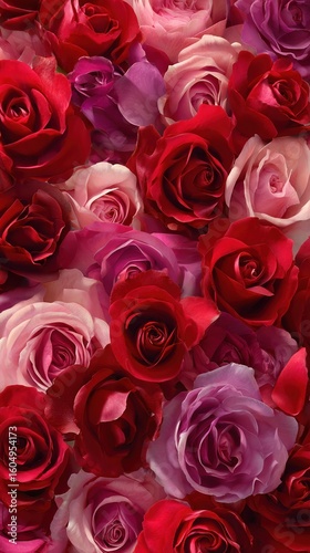 A large bouquet of red, pink, and purple roses, a Valentine's Day-themed background, template for social media banner, digital marketing, web, mobile wallpaper, greetings card