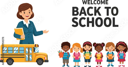 Vector art of welcome back to school with a teacher, students, and a school bus isolated on white background