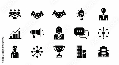 Teamwork and Collaboration Glyph Icons – Business, Leadership, Communication, Brainstorming, Networking Silhouette Set

