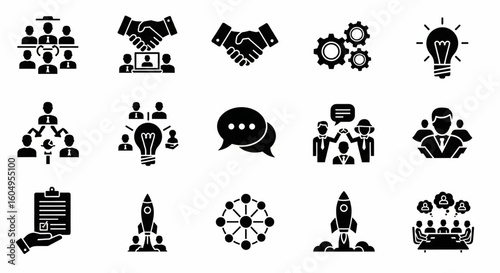 Teamwork and Collaboration Glyph Icons – Business, Leadership, Communication, Brainstorming, Networking Silhouette Set

