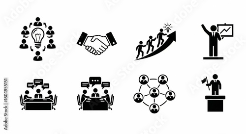 Teamwork and Collaboration Glyph Icons – Business, Leadership, Communication, Brainstorming, Networking Silhouette Set

