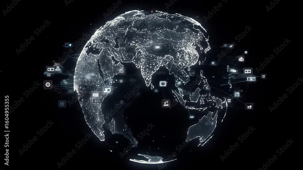 Global network data visualization, digital icons orbiting Earth, dark background, website banner