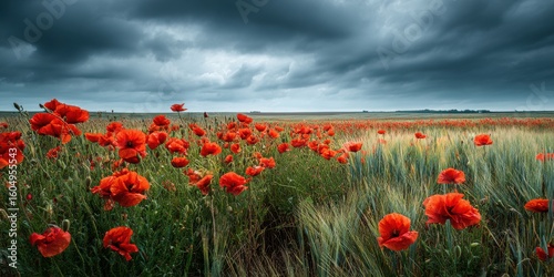 A dramatic landscape featuring a field of vibrant red poppies and green wheat under a dark, moody, and stormy sky.