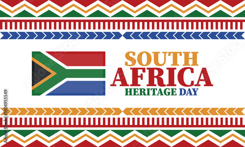 South Africa Heritage Day. Happy holiday. Celebrate culture and traditions of nation. South African flag. Poster with illustration. Pattern design. Vector