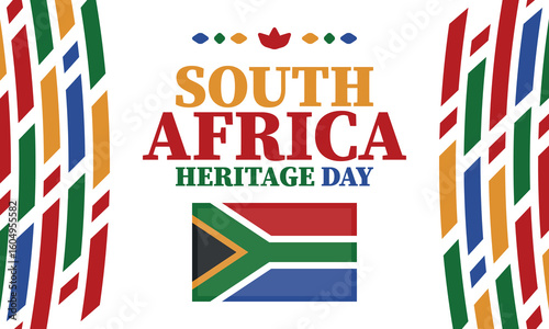 South Africa Heritage Day. Happy holiday. Celebrate culture and traditions of nation. South African flag. Poster with illustration. Pattern design. Vector