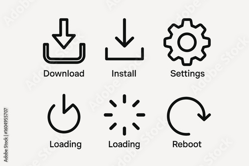 Minimalist icon set for download install settings loading and reboot functions