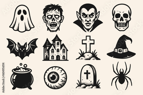 Halloween icons: ghosts, monsters, castle, and symbols in black and white