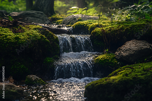 Mountain Spring Flowing Over Mossy Rocks in Dark Forest