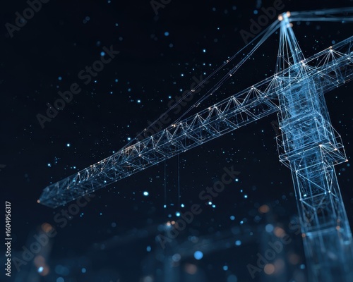 Futuristic digital crane wireframe representing the technological revolution in the construction industry and smart building innovation.