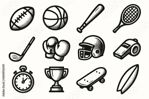 Black and white sports icons: football, basketball, baseball, tennis, and more