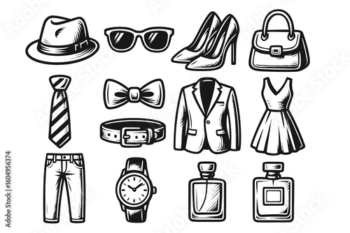 Stylish fashion accessories and clothing icons in black and white design art