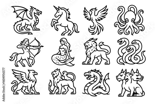 Mythical creatures icons: dragon, unicorn, phoenix, and more in black line art