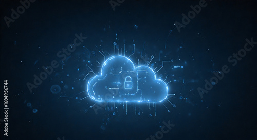 Wallpaper Mural Cloud Computing Cybersecurity Digital Protection Illustration. A futuristic digital illustration of a glowing cloud icon with a padlock symbol, representing secure cloud computing and cybersecurity. Torontodigital.ca