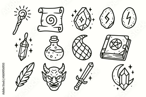 Hand-drawn magical artifacts collection with symbols and tools