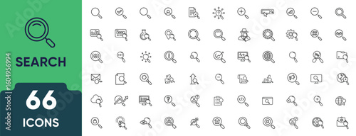 Search Line Icon Set. Set of 66 outline icons including magnifying glass, research, web search, data analysis, discovery, investigation, and SEO. Editable stroke. Linear vector illustration.