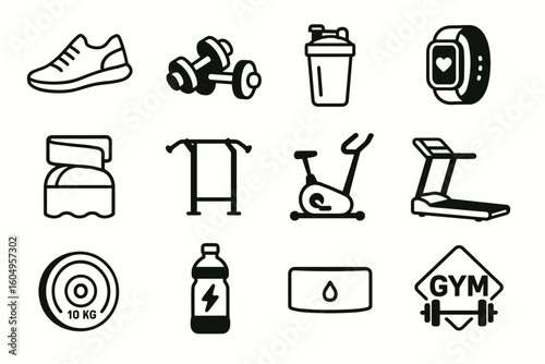 Fitness equipment icons: sneakers, dumbbells, shaker, watch, pulley, bike, treadmill, weights, bottle, gym sign