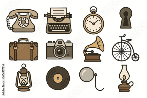 Retro objects collection with telephone, typewriter, and vintage bicycle icons