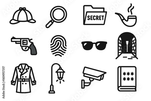 Detective icon set: hat, magnifying glass, secret file, pipe, gun, fingerprint, sunglasses