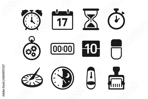 Collection of timekeeping icons featuring clocks, calendars, and timers