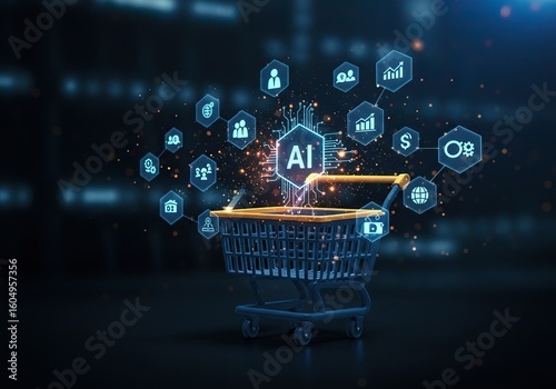 Ai-powered shopping cart with futuristic digital commerce and technology network