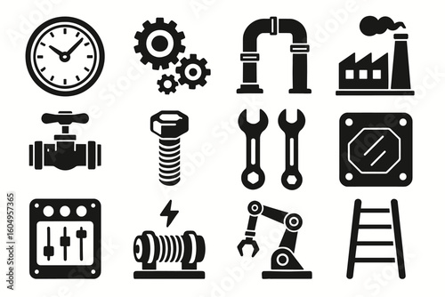 Industrial icons: clock, gears, wrench, factory, pipeline, valve, robot arm, ladder