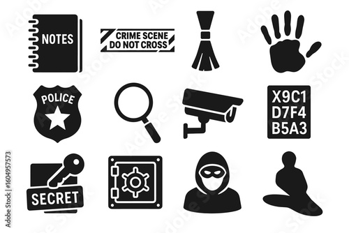 Crime investigation icons set: police badge, cctv, evidence, handprint, safe, detective tools