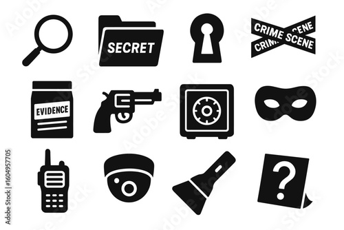 Icons of mystery and investigation: magnifying glass, secret file, keyhole, crime scene tape, evidence