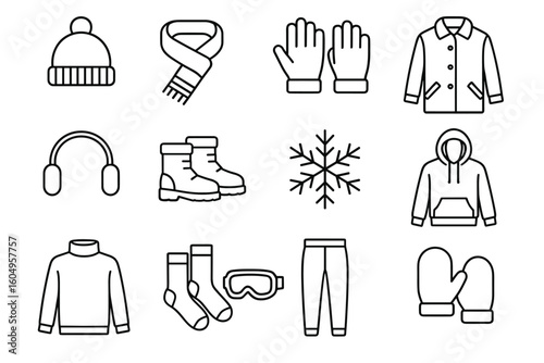 Winter clothing icons: hat, scarf, gloves, coat, earmuffs, boots, snowflake, sweater, socks, goggles, pants, mittens
