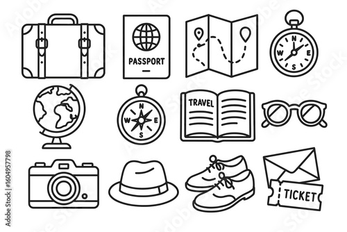 Travel essentials: suitcase, passport, map, compass, globe, camera, hat, shoes, tickets