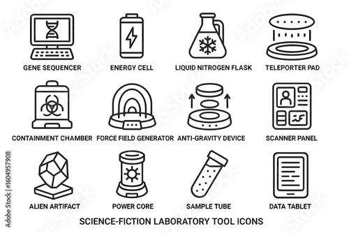 Science-fiction laboratory tools: high-tech icons set for futuristic research