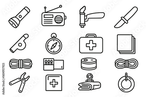Emergency survival kit line icons: flashlight, radio, knife, first aid essentials