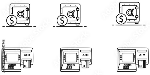 Banking & ATM Service Icons – Thin-Line Editable Vectors in BW