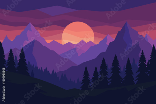 Sunset Mountain Landscape Vector Art: Purple Peaks, Forest Silhouette, Geometric Design