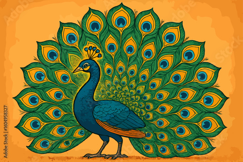 Vibrant peacock displaying colorful feathers in ornate design