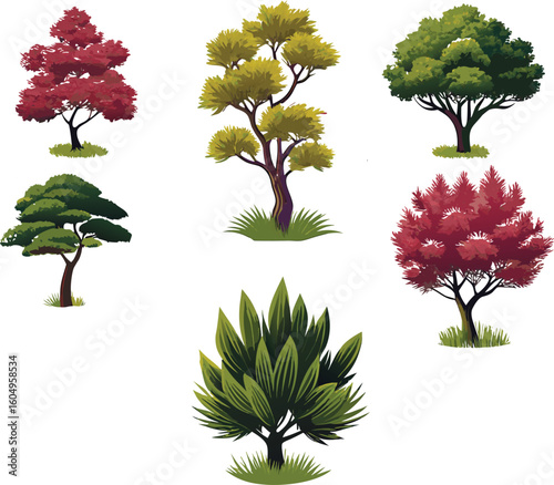 Collection of stylized trees and bushes in various shapes and colors