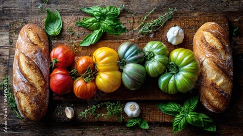 Colorful tomatoes and bread on a rustic board