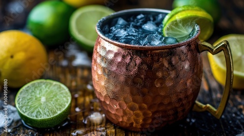 Copper mug cocktail with ice and limes