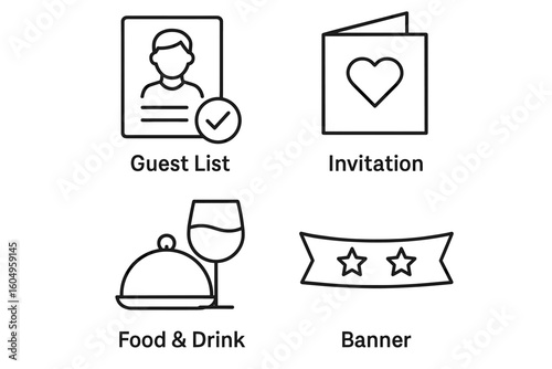 Event planning icons: guest list, invitation, food, drink, banner