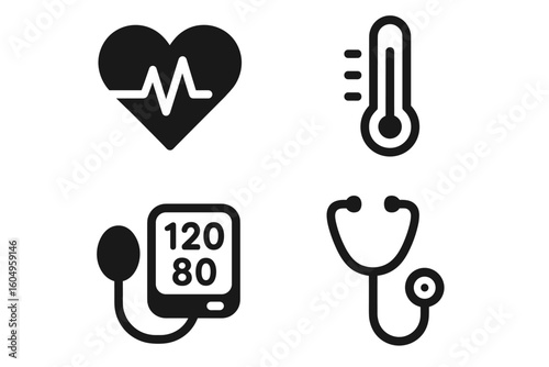 Medical icon set: heartbeat, thermometer, blood pressure monitor, stethoscope